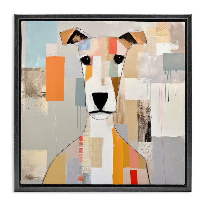 Collage abstrait de visage de chien, H 18 po x l 18 po, Cadre flottant noir de jais