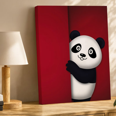 Canvas A Cheerful Cartoon Panda Peeks From Behind A Vibrant Red Wall Art Wall Its Round Face Adorned With Large Expressive Eyes And Canvas Wall Art