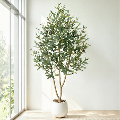 7FT Tall Artificial Olive Tree with Anti-Tip Beige Pot - Faux Olive Tree for Indoor & Outdoor Decor, Lifelike Fake Plant for Living Room, Bedroom & Office
