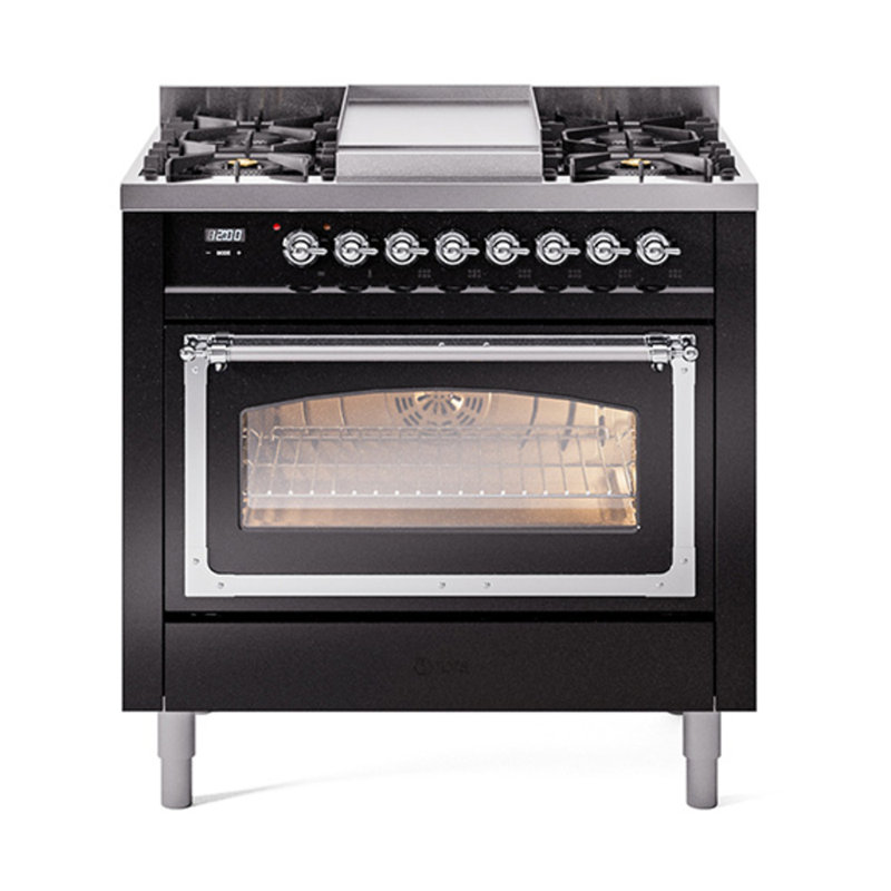 ILVE Nostalgie II Noblesse 36 in Dual Fuel Range, Liquid Propane, Glossy Black/Chrome