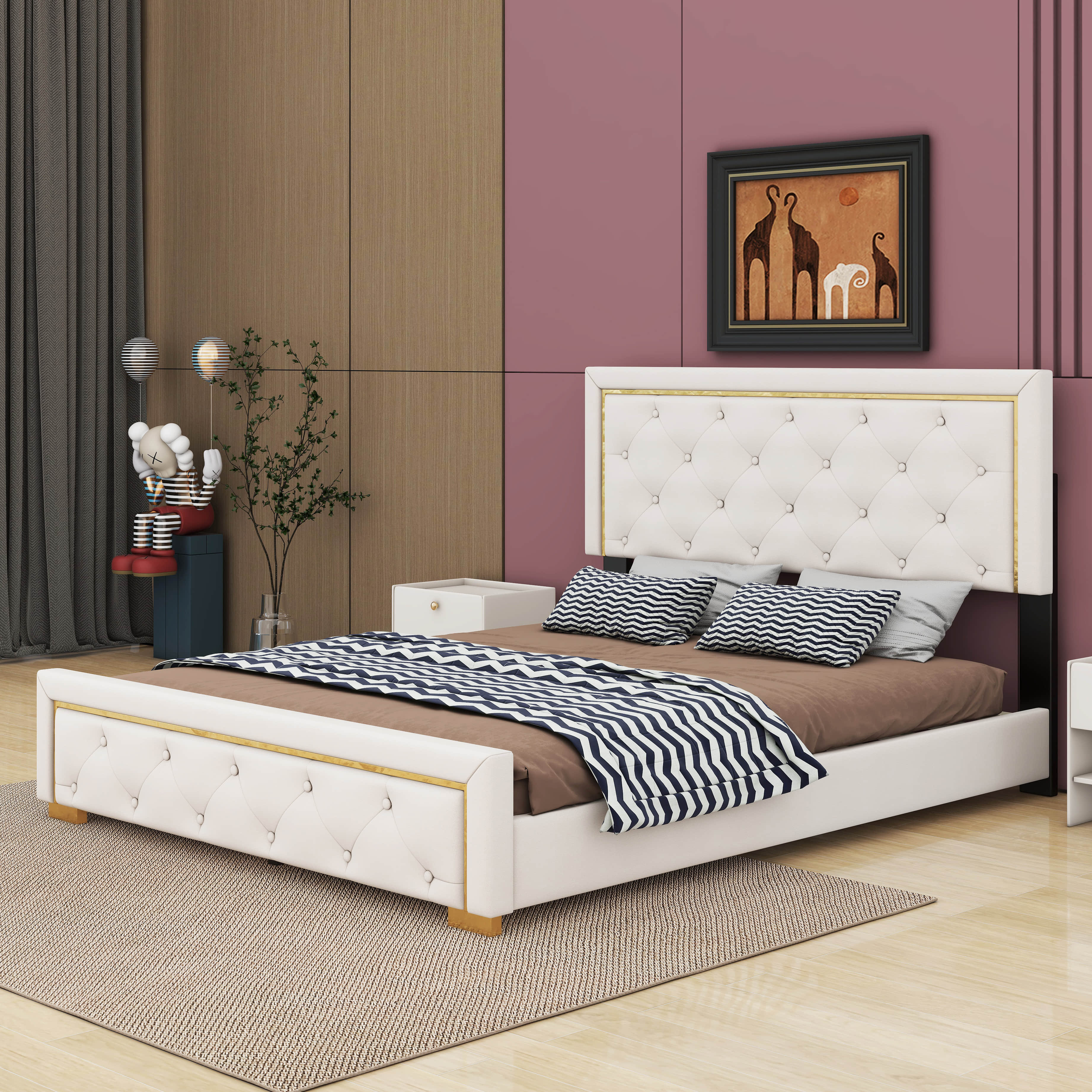 Mercer41 Kirtley Queen Size Upholstered Platform Bed With Pull Point