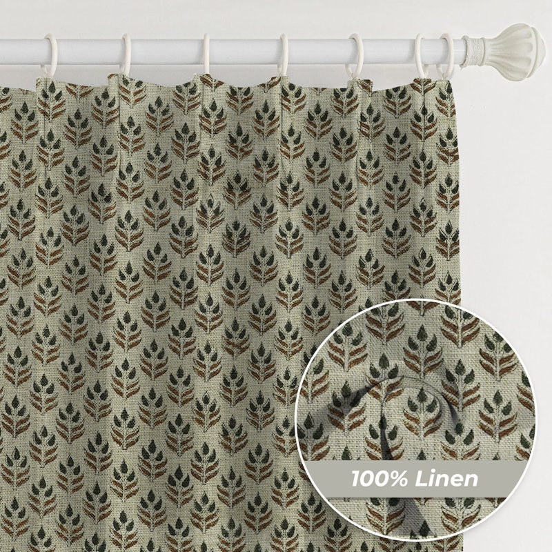 Fabdivine Home Decorative Dark Green or Brown 100% Blackout Handmade Block Print Floral Curtains 27x96 Inches, Pleated Pinch Drapes for Office, Bedroom, Kitchen, or Patio, Alia