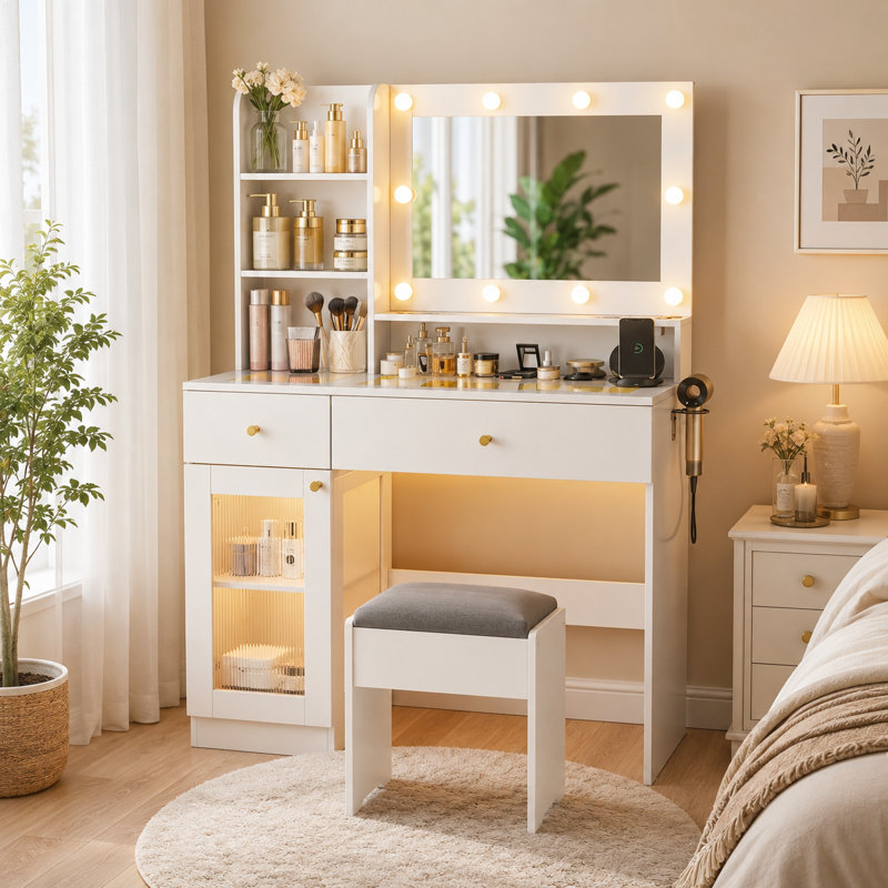 Meuble-lavabo 40 po avec miroir lumineux à DEL et station de charge, bureau de meuble-lavabo avec tiroirs et tablettes