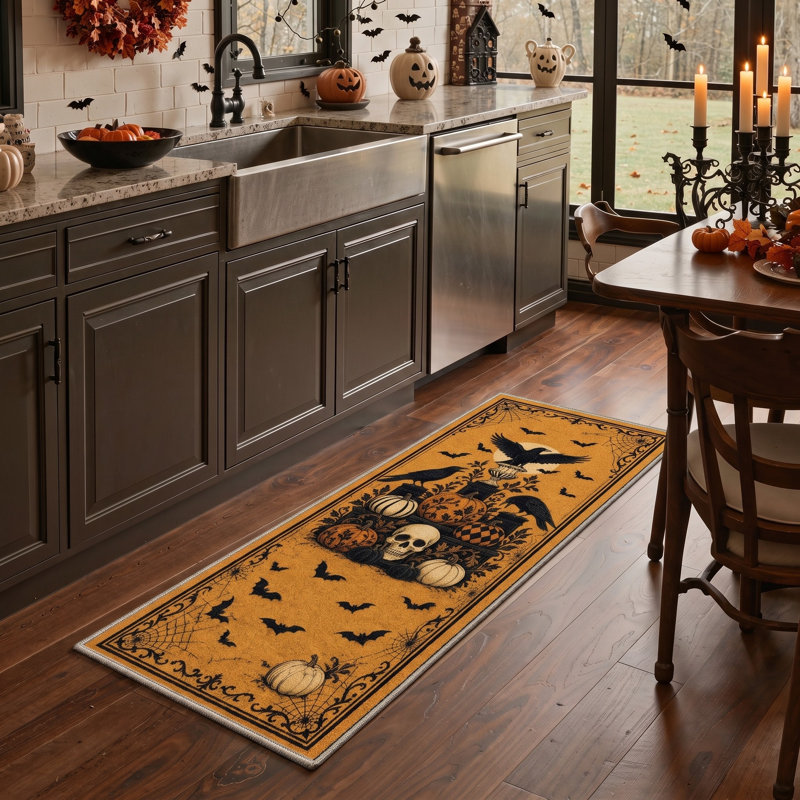 Tapis d'Halloween Corbeau et Crâne, Noir/Orange, Lavable à la machine, Poils courts, Antidérapant