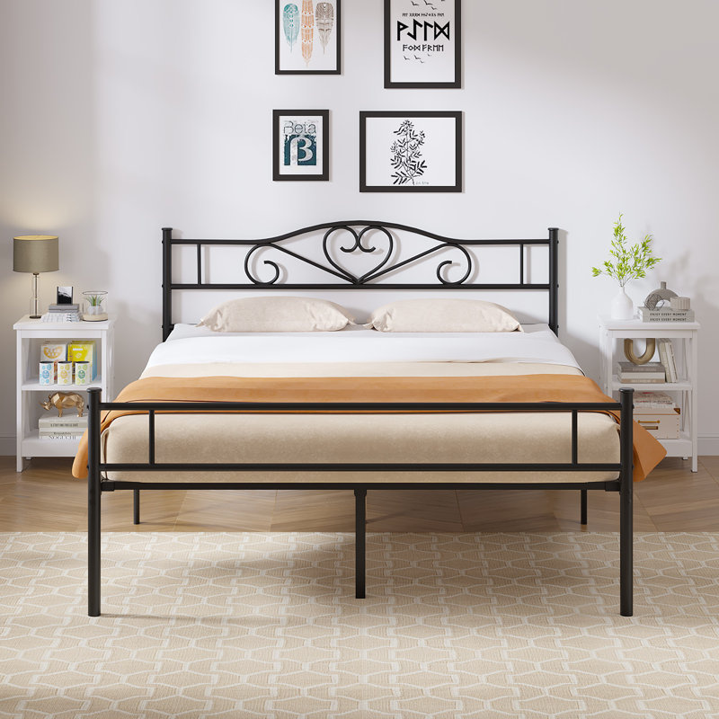 Ensemble de chambre à coucher 3 pièces Kempst, cadre de lit en métal noir avec 2 tables de chevet à tablettes ouvertes, ensemble de lit plateforme en métal avec table d'appoint de 2, ensemble de mobilier de chambre pour petit espace pour appartement, chambre d'amis, chambre à coucher moderne