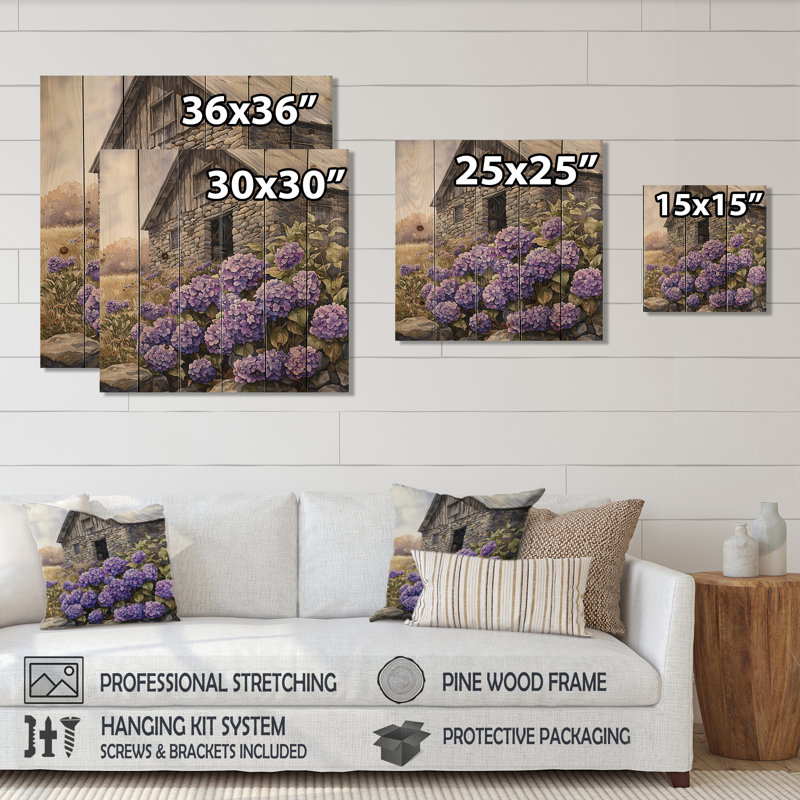 Hortensias près de la grange en pierre - décoration murale en bois d'hortensias - sur bois de pin naturel
