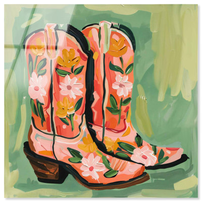 Bottes de cowboy Wildflower, décor de cowboy tendance en acrylique par Art Remedy, prêt à être accroché