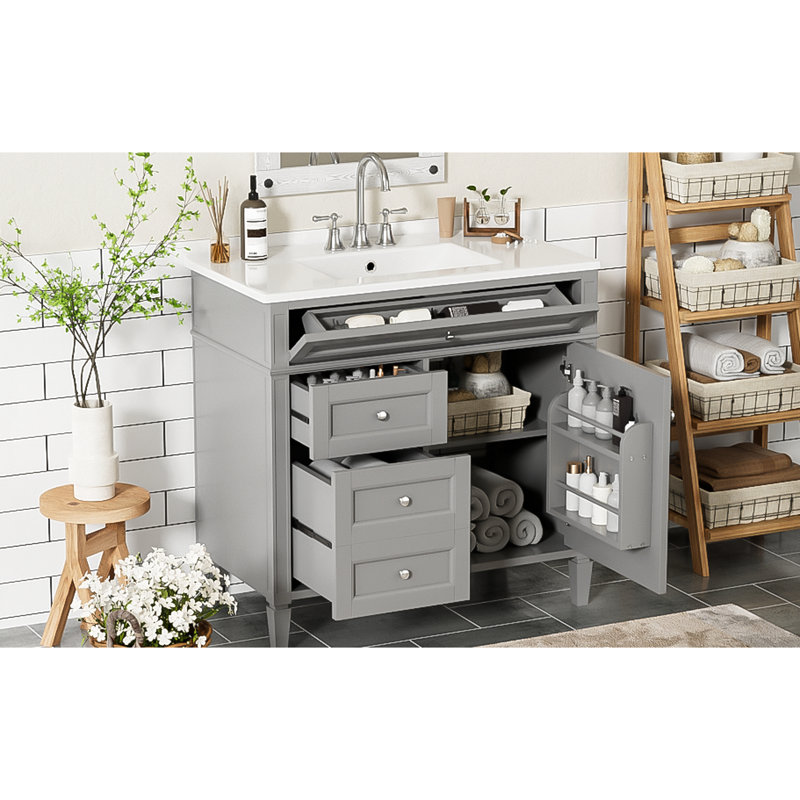 Armoire de salle de bain moderne 36 po avec tiroir basculant et meuble-lavabo d'apparence élégante, Gris