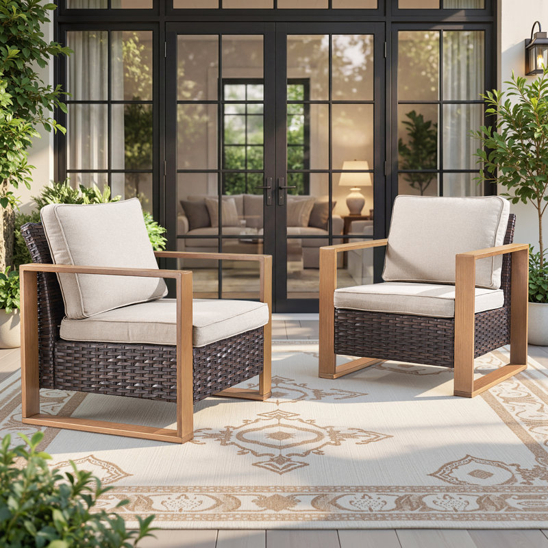 Chaise d'extérieur brun en osier avec coussins Allcot (ensemble de 2), Beige
