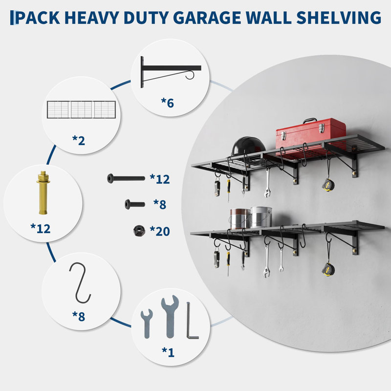 Étagères murales robustes pour garage – Rangement métallique 1x4 pi / 2x4 pi pour l'organisation du garage – Lot de 1/2