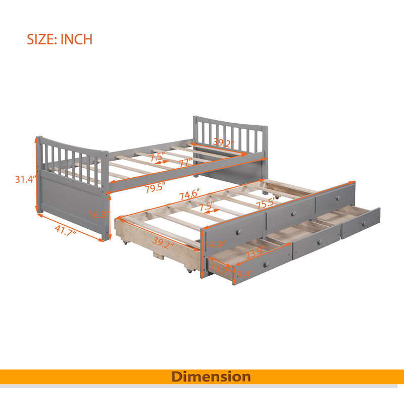 Daybed With Trundle And Drawers, Twin Size, Gray