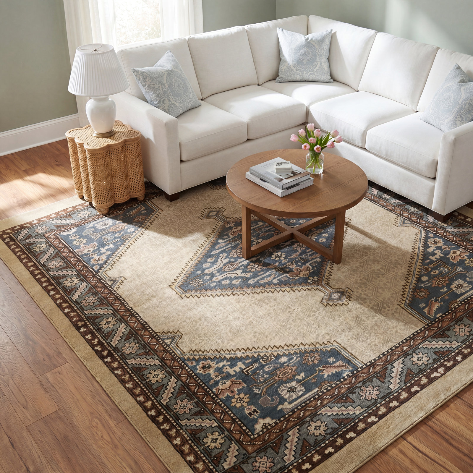 Blue Beige Hand-Knotted Wool Oriental Rug, Rectangle 9' x 12'