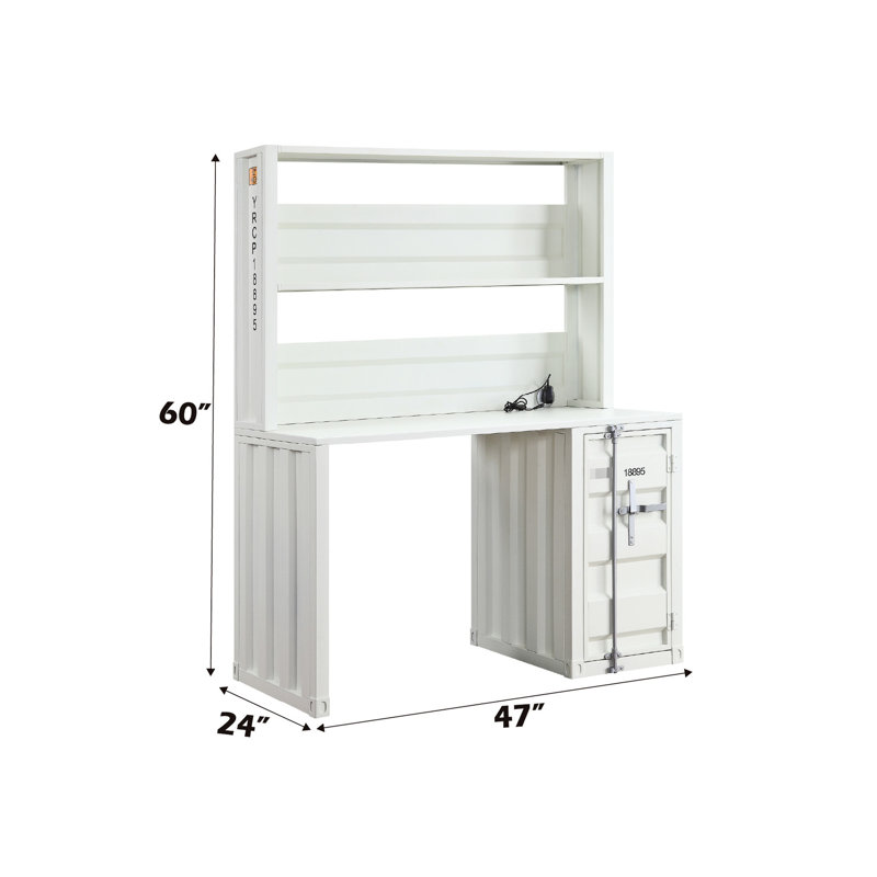 Bureau en métal blanc avec plateau en fer, compartiment ouvert, porte dans la base de rangement