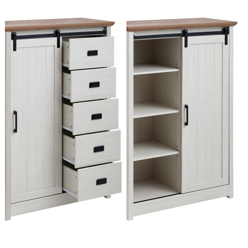 Armoire de rangement 5 tiroirs avec porte de grange coulissante et tablettes réglables