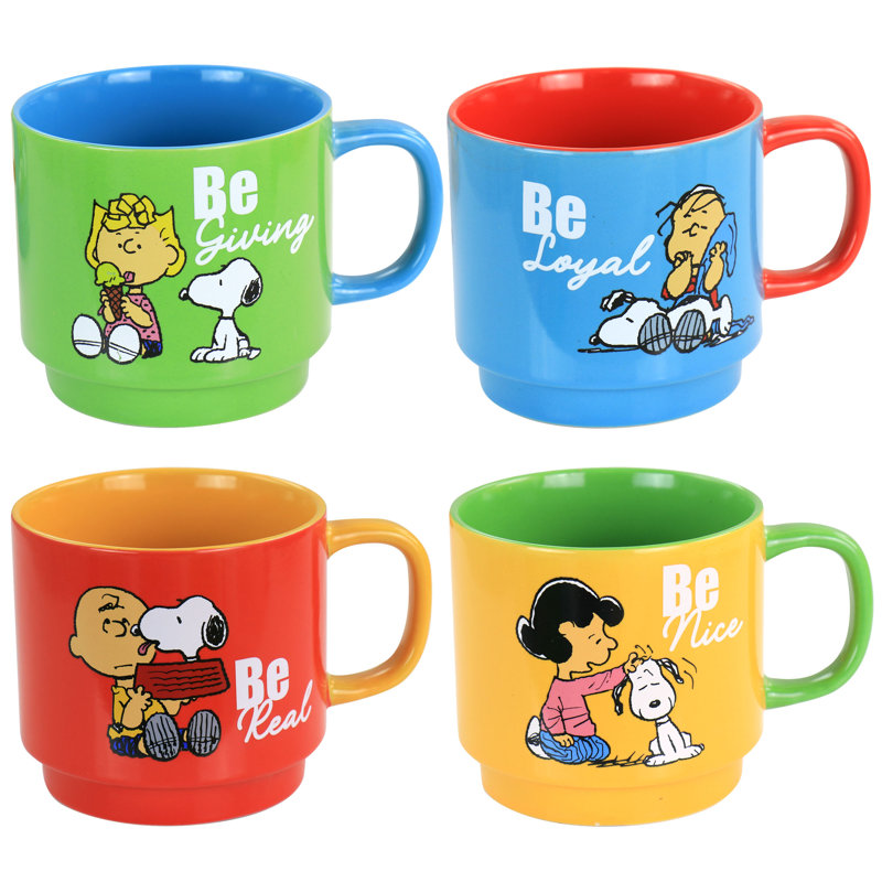 Gibson Peanuts Classic Gentle Reminders Collection 4 Piece Stoneware Stackable Mug Set With Metal Stand In Assorted Colors