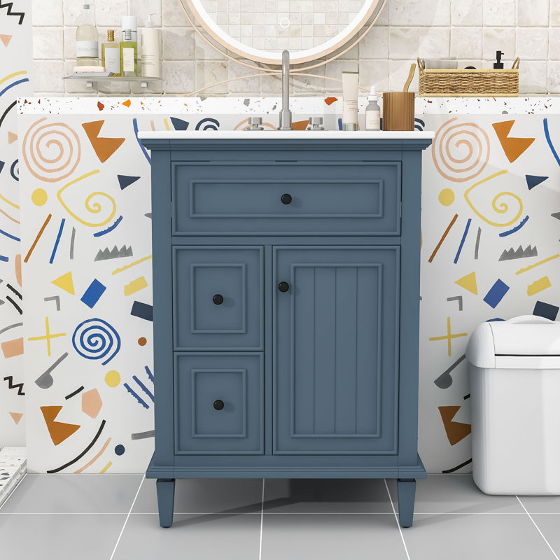 Meuble-lavabo moderne avec lavabo lisse, trop-plein et beaucoup de rangement, Bleu gris