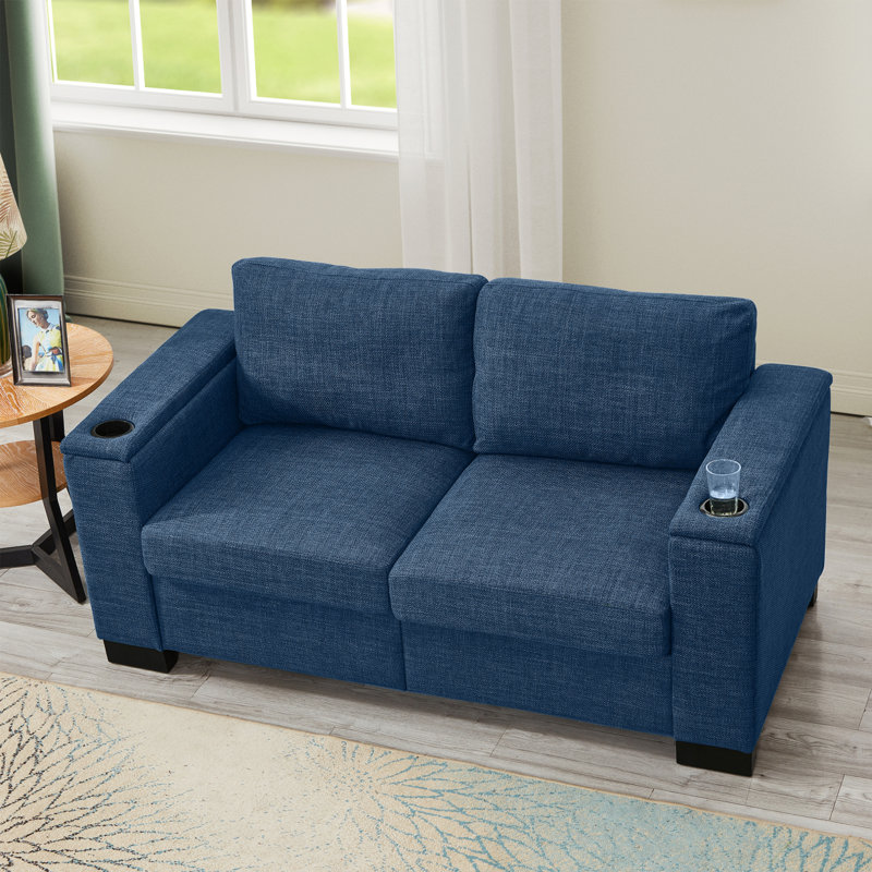 Causeuse de salon 67,7 po en tissu de style moderne, canapé à accoudoirs carrés avec porte-gobelet, canapé de rangement, revêtement en polyester bleu.