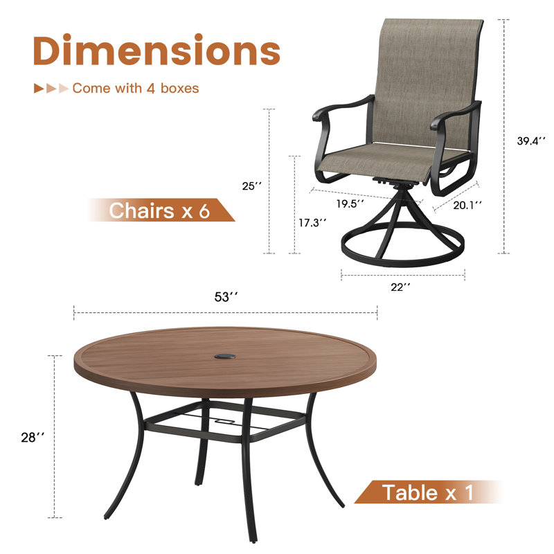 6-Person Patio Dining Set with 53" Round Metal Dining Table and 6 Swivel PVC-coated polyester Chairs, Brush Wood Brown/Brown