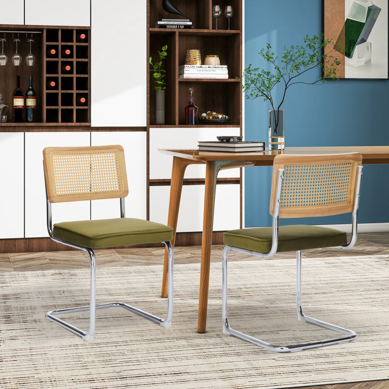 Rattan Backrest Upholstered Side Chair (Set Of 2), Olive Green