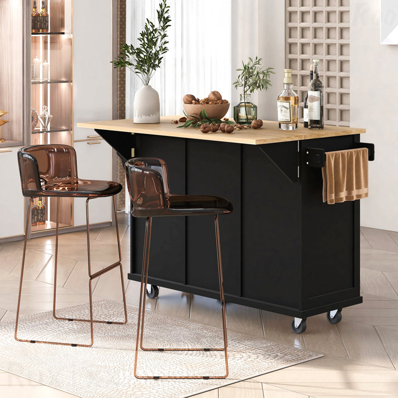 Kitchen Cart With Rubber Wood Drop-Leaf Countertop ,Cabinet Door Internal Storage Racks,Kitchen Island On 5 Wheels With Storage Cabinet And 3 Drawers For Dinning Room