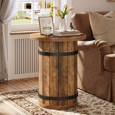 19.7" Round End Table, Farmhouse Side Table Small Accent Table with Metal Bands