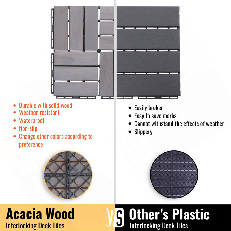30 tuiles de terrasse imbriquées à motif rayé, plancher de bois franc d'acacia carré 12 po x 12 po pour patio, banc, côté piscine