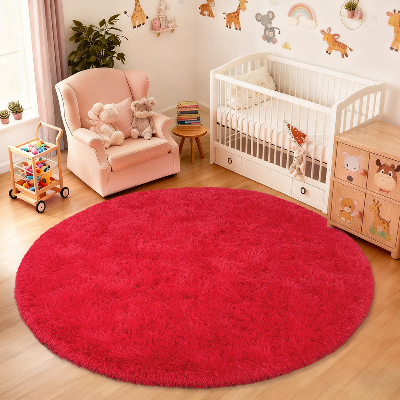 Soft and Fluffy Round Area Rug Solid Red Design Super Anti-Slip Perfect for Living Rooms, Nurseries, Bedrooms, and Home Offices