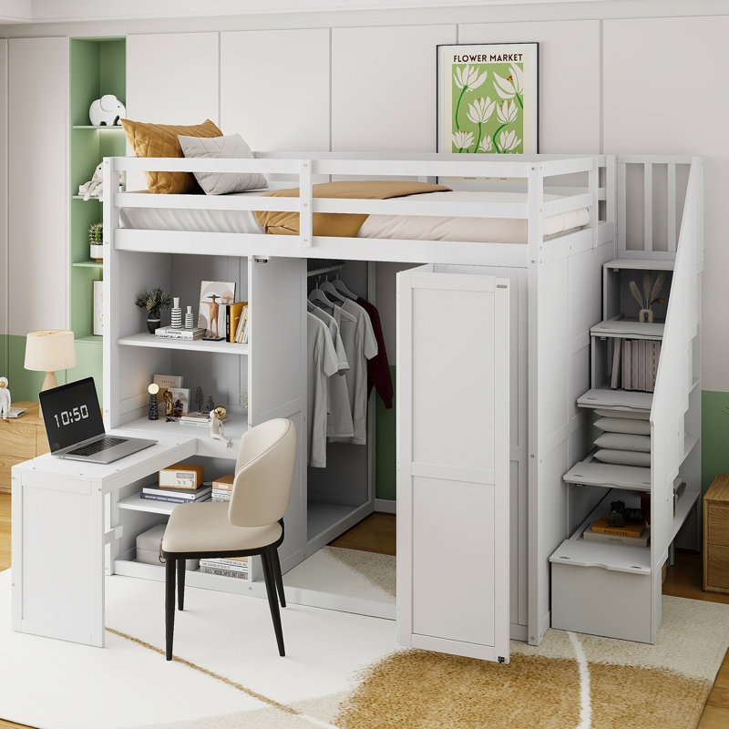 Lit mezzanine double avec garde-robe, bureau et tablettes, blanc (OLD: LT100679AAK)