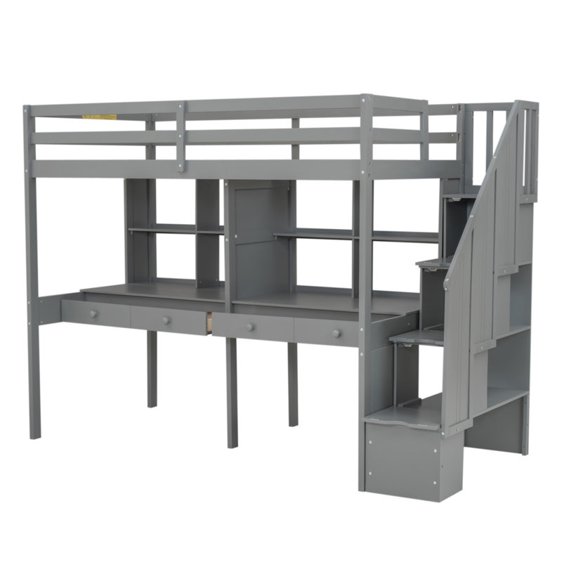Structure de lit mezzanine avec escalier de rangement, double bureau et tablettes