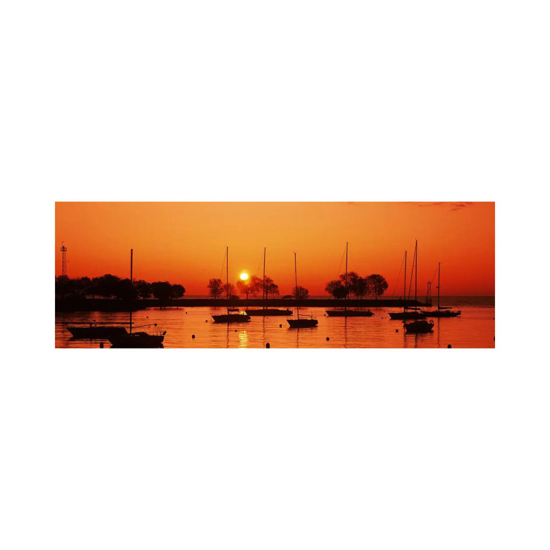 Silhouette of Boats in a Lake, Lake Michigan, Great Lakes, Michigan, USA 1 Piece Wrapped Canvas Panoramic Wall Art