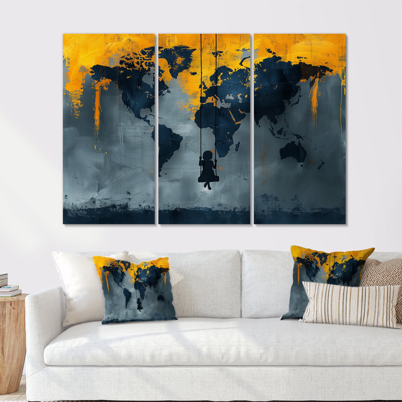 Jaune, jaune, carte du monde, aire de jeux Silhouette III - carte du monde, ensemble de salon d'art mural