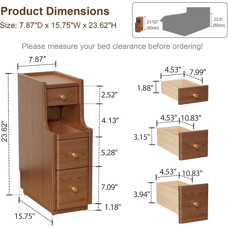 Solid Wood Nightstand with Raised Edge Top, Sliding Shelf, Cable Cutout & Skirting Board Clearance, 7.88" W, Brown