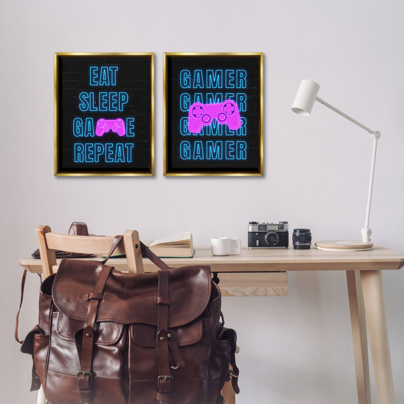 «Neon Gamer Eat Sleep», ensemble de 2 toiles flottantes encadrées par Nina Blue, H 21 po x l 17 po