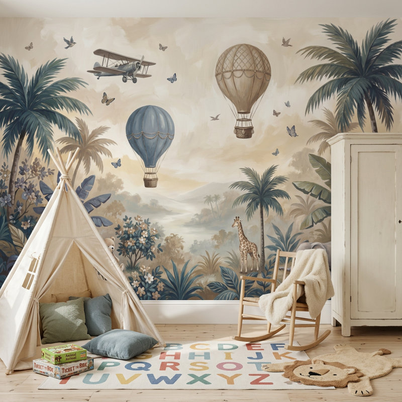 Papier peint pépinière, paysage tropical, montgolfières, 200 po x 120 po, Peler et coller