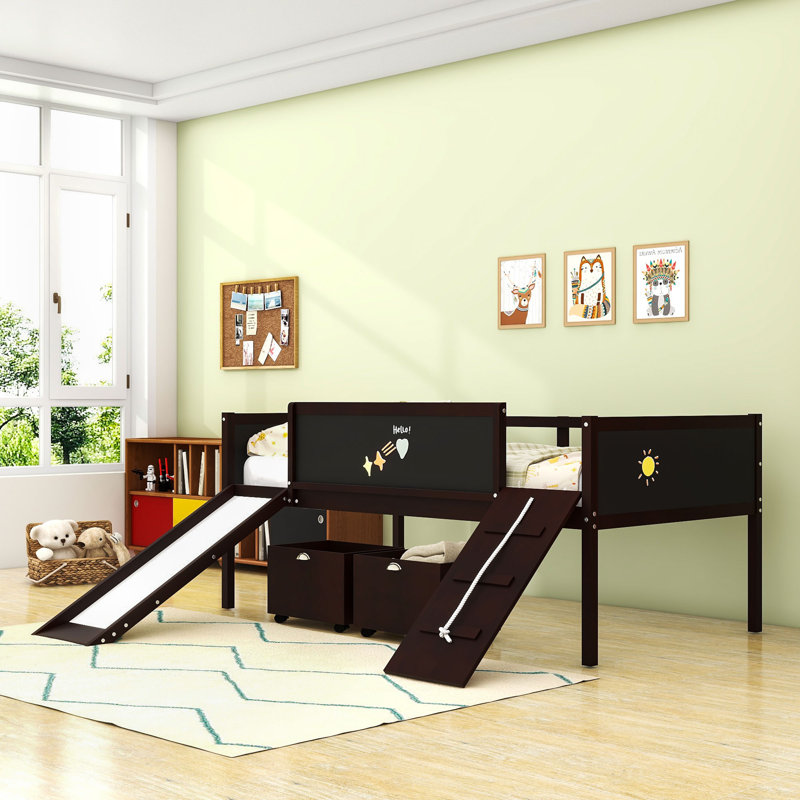Harriet Bee Twin Size Low Loft Bed With Slide, Chalkboards And Storage ...