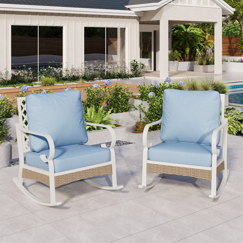 Chaise longue berçante et coulissante en métal, Coussin bleu / cadre blanc