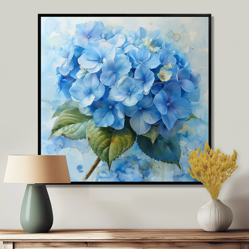 Décoration murale douce bleu Hydrangea Serenade II - Hydrangea, H 16 po x l 16 po, Cadre flottant noir