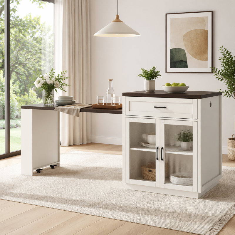 Îlot de cuisine 83,1 po avec table coulissante et supports de rangement pour 2 à 6 personnes, îlot de cuisine avec portes en verre trempé