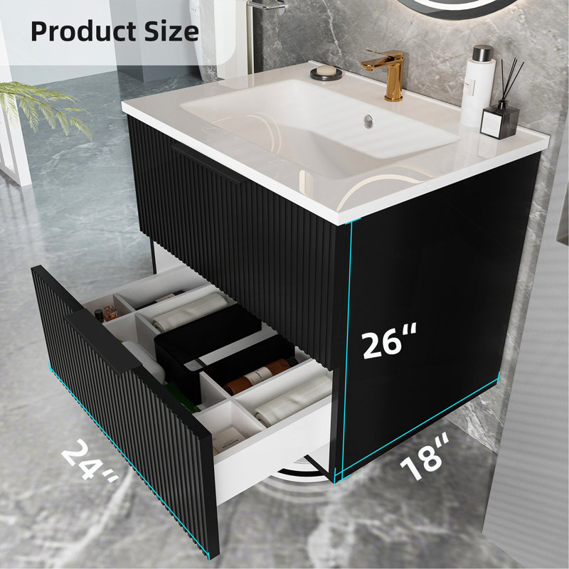 Meuble-lavabo avec lavabo en cÃ©ramique - Meuble-lavabo suspendu Ã  cannelures avec tiroirs, style moderne, Black, 24"