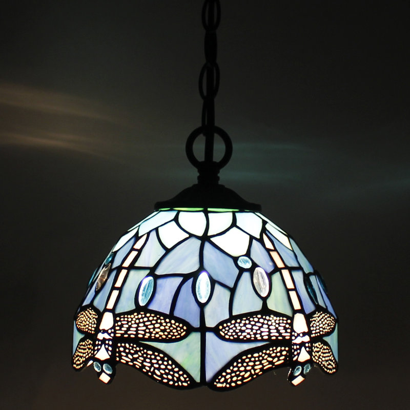 Small Tiffany Pendant Light Plug in Dragonflly Style Stained Glass Hanging Lamp, Blue Dragonflly