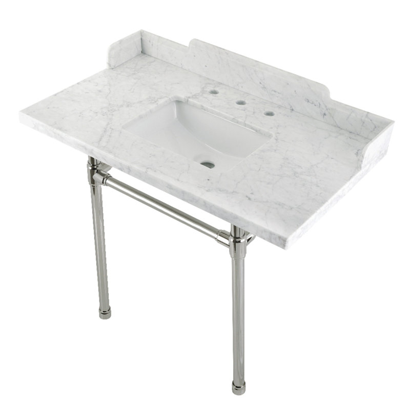 Kingston Brass Dreyden 36-Inch Carrara Marble Console Sink with Stainless Steel Legs (8-Inch, 3-Hole)