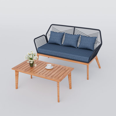 Canapé d'extérieur moderne - Chêne rouge et canapé en corde tressée avec table longue assortie, mobilier de patio contemporain