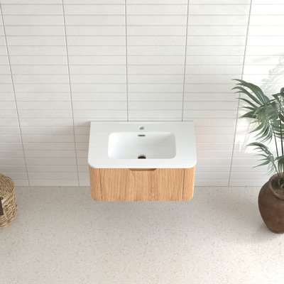 Meuble de salle de bain suspendu de 76 cm avec lavabo en céramique blanche, bois massif de noyer, style à bords arrondis, préassemblé, tiroir à fermeture amortie, design moderne de style américain