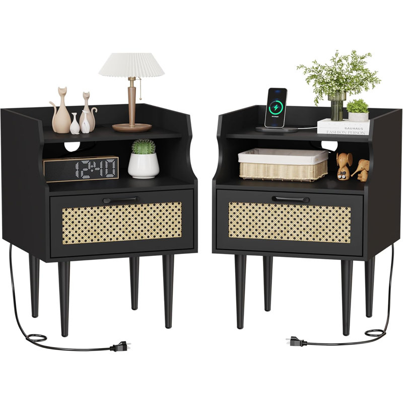 Table de chevet en rotin, ensemble de 2, table d'appoint moderne avec station de charge