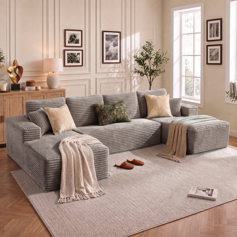 Boneless 134”Sectional Cloud Boneless Sofa Cloud Couch for Living Room, U Shaped Comfy Cordury Couch with Double Lounge Chair, Modern Deep Seat Minimalism Sofa for Home Furniture, No Assembly Required
