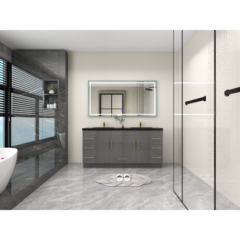 Ensemble de meuble-lavabo double 72 po Campman, Gris ultrabrillant, Or mat