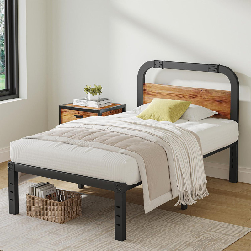 Amylia Black Metal Platform Bed with 40-Inch Solid Wood Headboard, Underbed Storage, Noise-Free Support, No Box Spring Needed