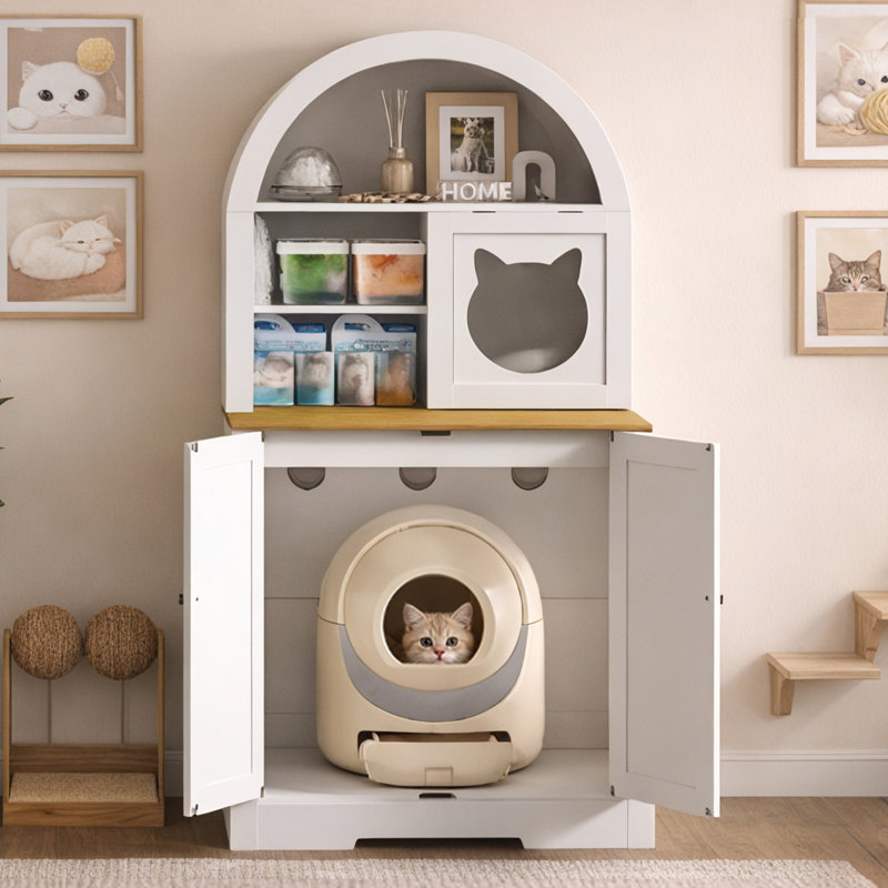 31.5"×63"H Hidden Cat Litter Box Enclosure with 3 Storage Shelves, Ventilation Holes and Flip-Up Door
