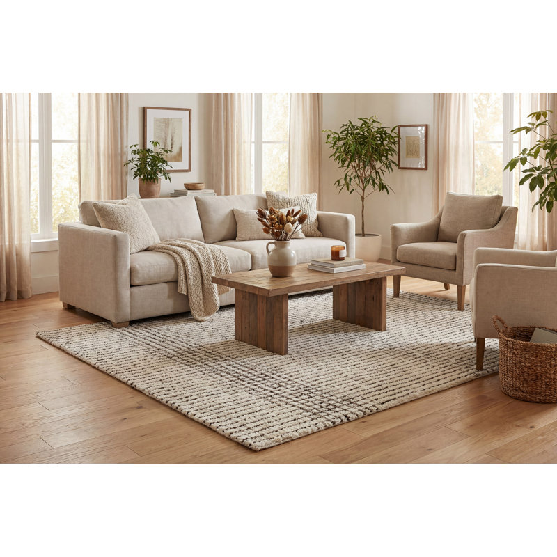 Tapis ivoire / brun clair en laine tissé à la main Berga, Rectangle 9 pi x 12 pi