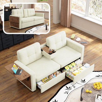 Canapé deux places pour salon, canapé en tissu chenille 70,08 avec tiroirs de rangement coulissants, tables d'appoint pliables, console porte-gobelets, coussins en mousse moelleuse